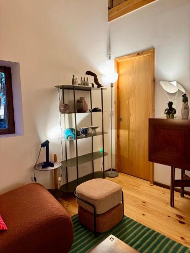 a living room with a chair and a book shelf at Quintinha da Oliveira in Marco de Canavezes