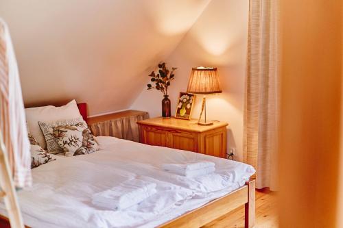 a bedroom with a bed and a lamp on a night stand at Slow House Gaładuś in Radziucie