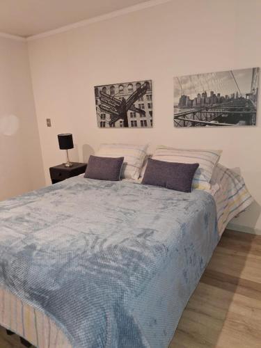 a bedroom with a large bed with two pillows at Departamento plaza club Temuco in Temuco