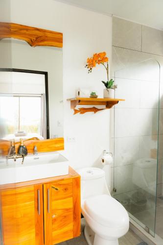 a bathroom with a toilet and a sink and a shower at Canavida Villas & Resort in Uvita