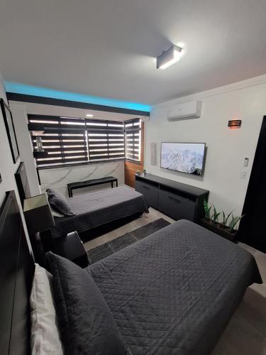 a bedroom with two beds and a tv on the wall at Oceanview moderno Frente Mar Santos canal 2 in Santos