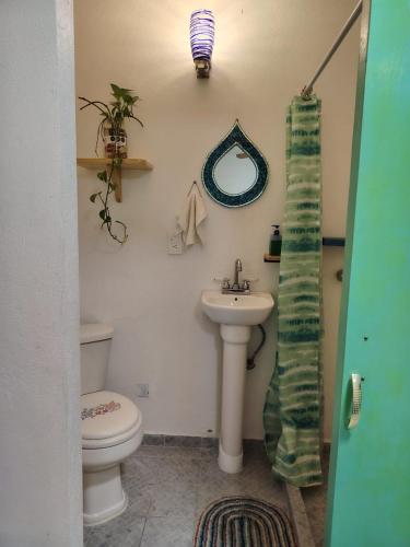 a bathroom with a sink and a toilet and a mirror at Ganesha HOSTAL in Mexico City