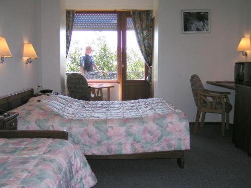 a bedroom with a bed and a table and a window at Hotel Perekop in Berdorf