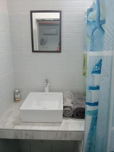 a bathroom with a white sink and a mirror at Barato seguro y cómodo, Anclas in Manzanillo