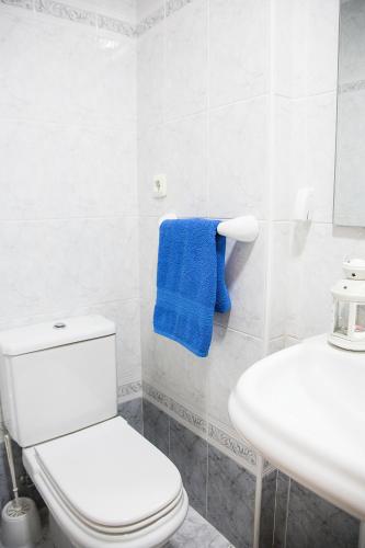 a bathroom with a white toilet and a blue towel at Alojamiento Miramar in Santoña
