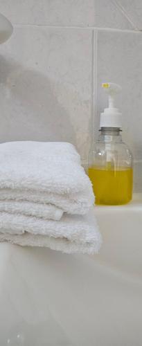 a bottle of soap and a towel on a bathroom sink at La NIÑA 4 in Jesús María