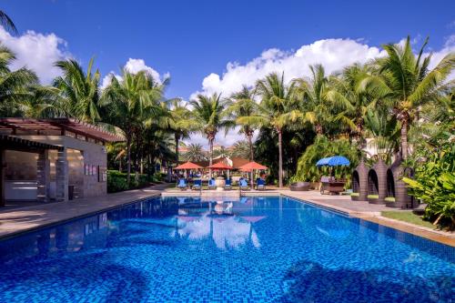 三亚JW Marriott Sanya Haitang Bay Resort & Spa的棕榈树度假村的游泳池