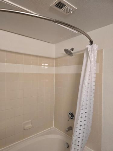 a shower with a white shower curtain in a bathroom at Frisco Getaway in Frisco