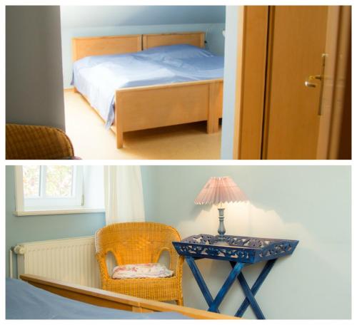 a bedroom with a bed and a table and a chair at Adelheidshof in Magelsen