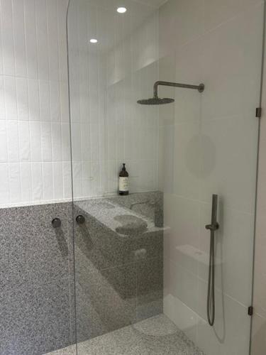 a shower with a glass door in a bathroom at Pristine and Private on Pemberton in Albury