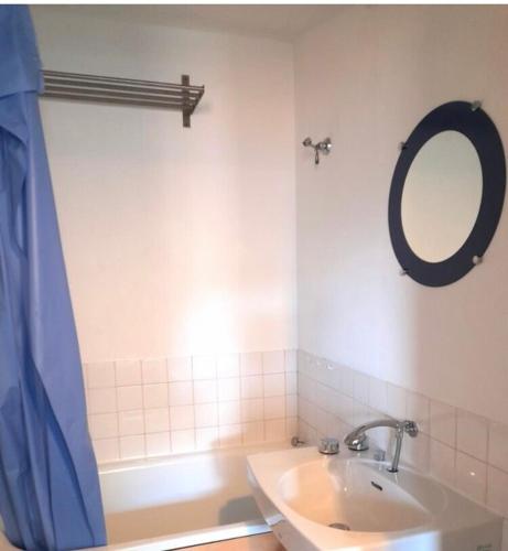 une salle de bain avec un lavabo et un miroir dans l'établissement Superbe appartement proche Grenoble, à Le Haut-Breda