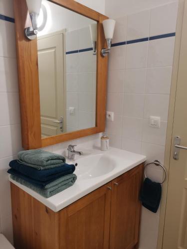 une salle de bain avec un lavabo et un miroir dans l'établissement Appartement T2 avec piscine Vallée du Tarn, à Trébas