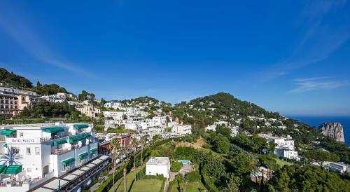 a town on top of a hill with the ocean at Hotel Syrene in Capri