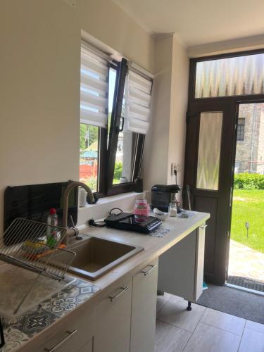 a kitchen with a sink and a counter with windows at Casa SEMA in Sinaia