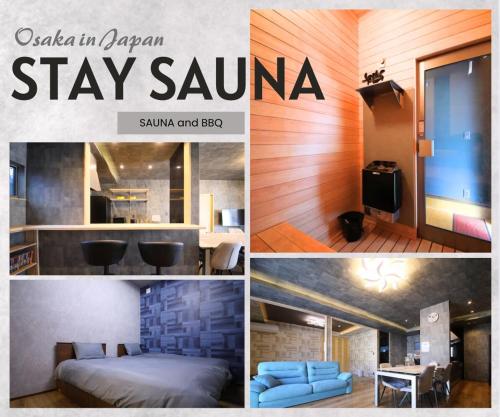 a collage of photos of a hotel room at Hagoromo Sauna House in Takaishi