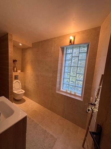 une salle de bain avec toilettes et fenêtre dans l'établissement Villa La Rochelle, à La Rochelle