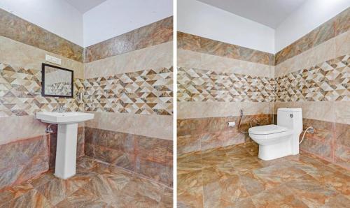 two pictures of a bathroom with a toilet and a sink at Hotel Om Villa with Valley View, 6kms from Mukteshwar Dham in Mukteswar