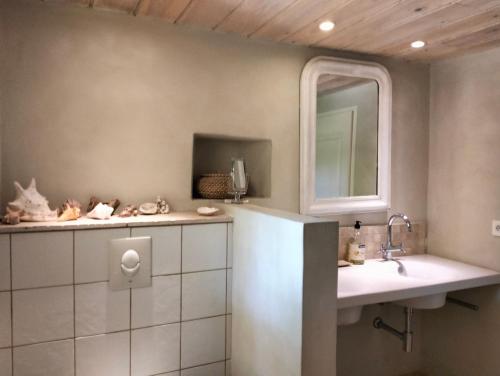 une salle de bain avec un lavabo et un miroir dans l'établissement La Lauze, à Blauvac