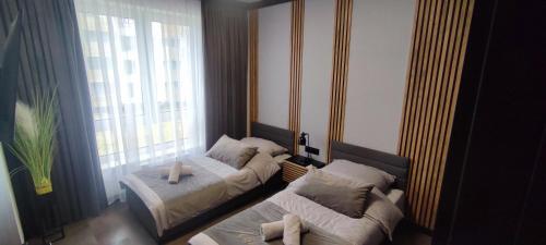 a bedroom with two beds and a window at Belweder LOFT in Nysa