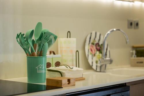 a kitchen counter with a plant in a green container at My Nafpaktos Resort in Nafpaktos
