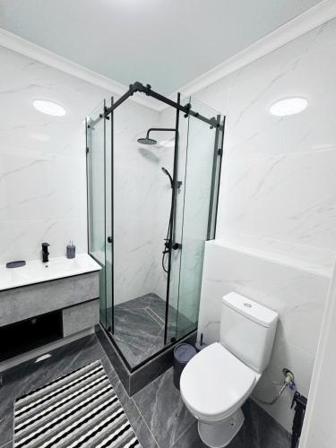 a bathroom with a shower and a toilet and a sink at Марина 6 in Zhezdi