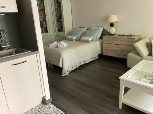 une chambre avec un lit avec des oreillers bleus dans l'établissement Villa du jardin des plantes 56 Rue Prémartine, au Mans