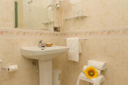 ein Bad mit einem Waschbecken und einem Spiegel in der Unterkunft Hostal Siete Picos in El Espinar