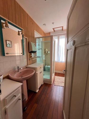 une salle de bain avec un lavabo, des toilettes et une douche dans l'établissement La Couade de Troche, à Troche