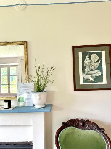 a green chair sitting next to a table with a mirror at Villa Adelaide Lakeview in Como