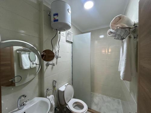 a bathroom with a shower and a toilet and a sink at Stayline hotel apartments 5 mins from Cairo airport in Cairo