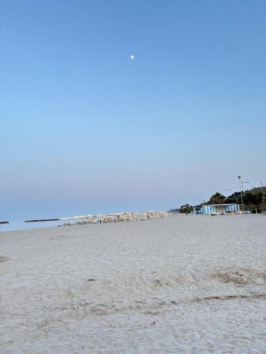 a sandy beach with a city in the background at Casa Mayra in Campofilone