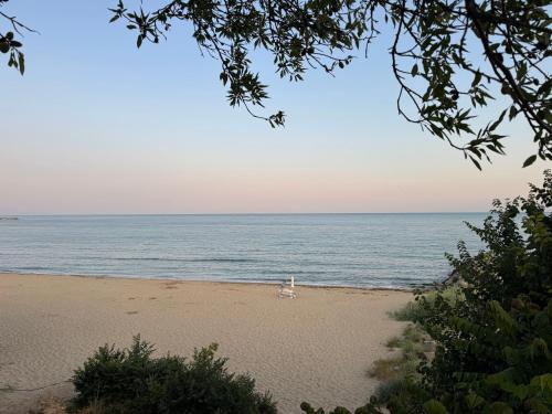 a chair sitting on a beach next to the ocean at Sineva Del Sol Apartments in Sveti Vlas