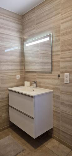 une salle de bain avec un lavabo blanc et un miroir dans l'établissement Appartement vue mer panoramique près de Porticcio, à Pietrosella