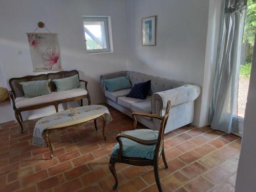 un salon avec un canapé et une chaise dans l'établissement La Verrerie, à Seillons-Source-dʼArgens