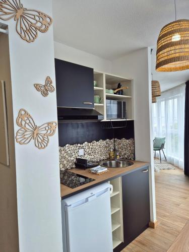 une cuisine avec des papillons accrochés au mur dans l'établissement L'Eden - Premium Suite - Vue - Balcon, à Lourdes