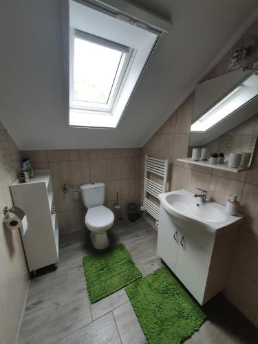 a bathroom with a sink and a toilet and a window at Relax Island Guesthouse in Izvoare