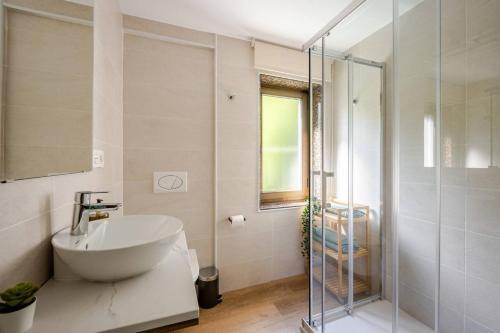 a bathroom with a sink and a glass shower at Escapada a la montaña San Martín in Sotrondio