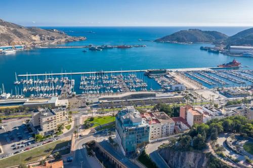 an aerial view of a harbor with a marina at CARTAGENAFLATS - San Diego Suites in Cartagena