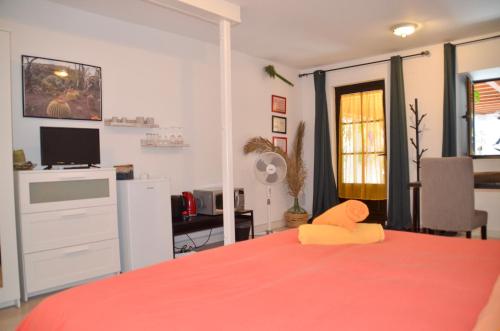a bedroom with a bed with a orange bedspread at HOTELITO RURAL GA7COLORES only adult in Montaña Blanca