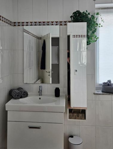 a white bathroom with a sink and a mirror at Unterkunft für Radfahrer in Eichenbühl