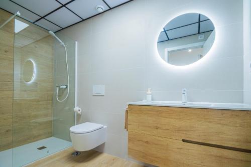 a bathroom with a toilet and a sink and a mirror at CARTAGENAFLATS - San Diego Suites in Cartagena