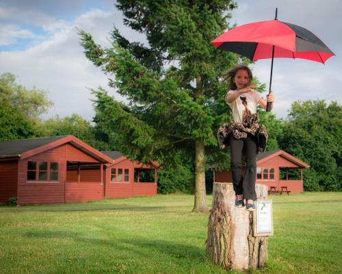a woman sitting on a tree stump holding an umbrella at Ørsted Outdoor