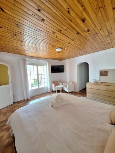 a bedroom with a large bed with a wooden ceiling at Appartement Rez de Villa Terrasse Piscine Parking privé in Hyères