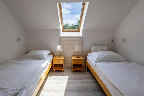 two twin beds in a room with a window at Diás Panzió in Orfű