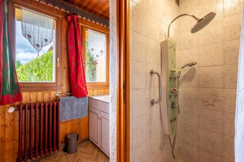 une salle de bain avec une douche et un lavabo et une fenêtre dans l'établissement La Rose des Vents 8-9 pers, aux Gets