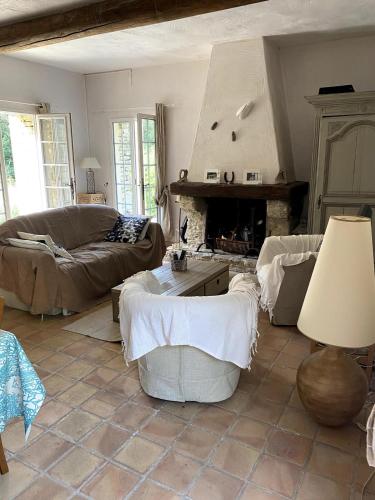 un salon avec un canapé et une cheminée dans l'établissement Maison en pierre cadre paradisiaque cigales, à Saumane-de-Vaucluse