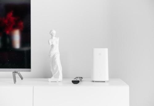 ein Schwarzweißfoto einer Vase auf einem Tisch mit einem Fernseher in der Unterkunft Orange Blossom Luxury Apartment in Sandton