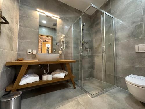 um banheiro com pia e chuveiro em Hotel Mariánský Dvůr em Uherské Hradiště