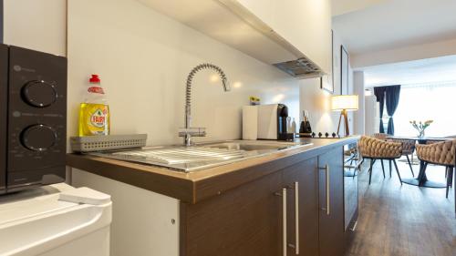 a kitchen with a sink and a counter at Zen Retreat Studio in Silver Mountain in Poiana Brasov