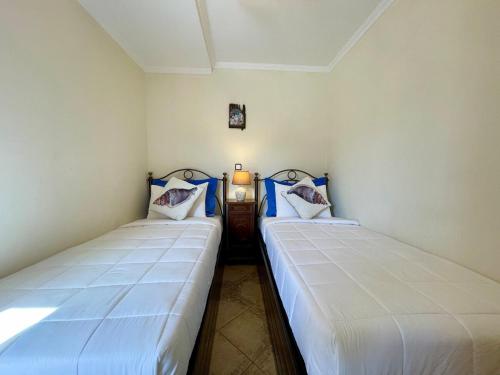 two twin beds in a small room with a lamp at Mary's Archontiko in Mesaria